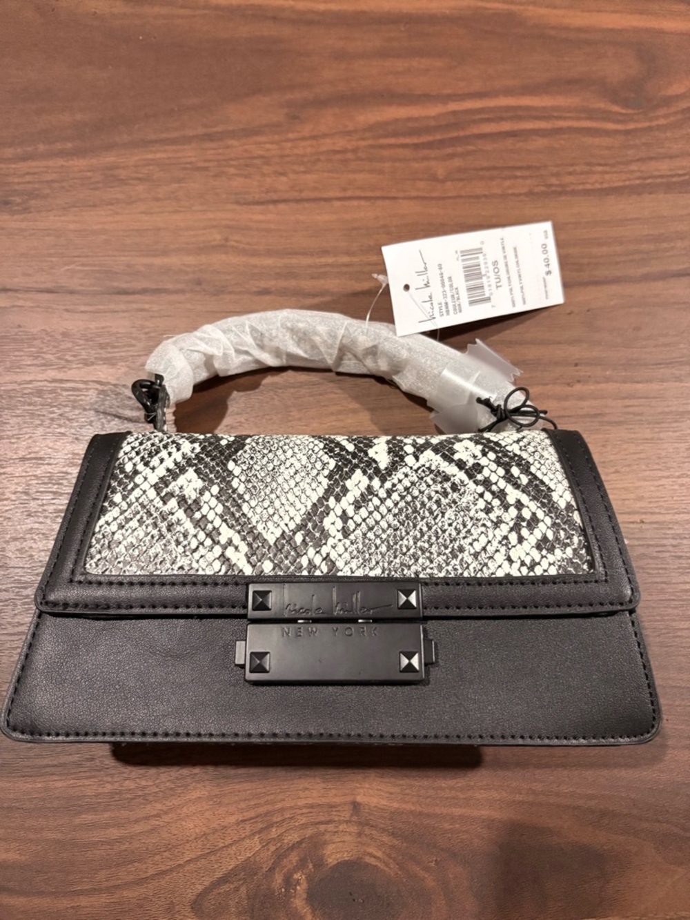 Nicole Miller Black & White Snake-Print Top Handle Clutch